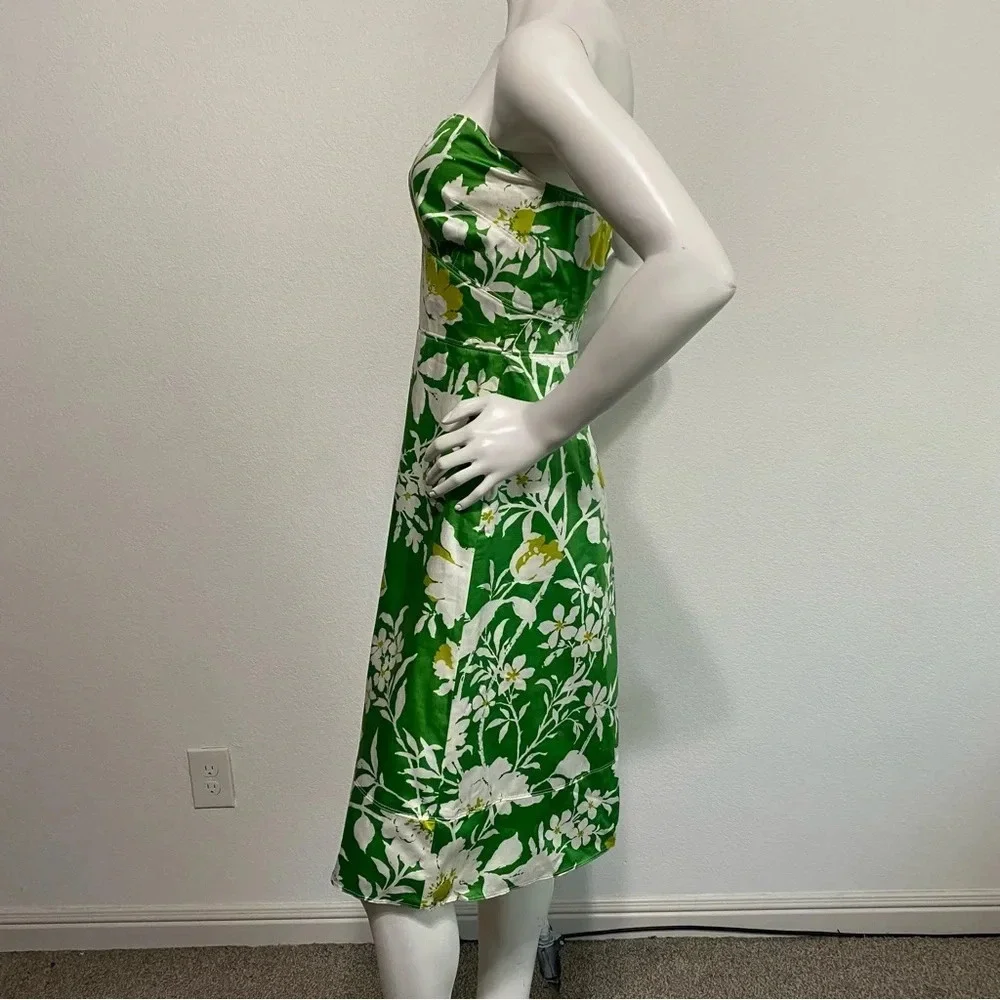 J. Crew Green White Floral Tropical Ruffle Hem Strapless Midi Dress Size 4
